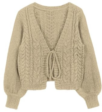 SKAYS Womens Tie Front Bow Cardigan Sweaters Cropped Cable Knit Cardigans Trendy Fall Lightweight Long Sleeve Outerwear, Khaki, M