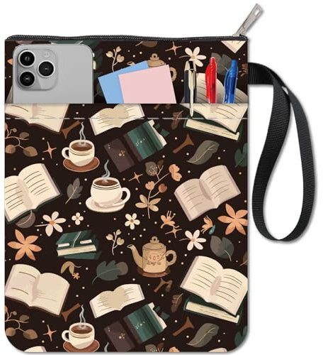 CRASPIRE Housse de Protection pour Livre avec Fermeture Éclair et Pochette Supplémentaire Rectangulaire Vintage Tasse à Café Livre Ouvert Fleur Tissu Lavable Pochette de Protection pour Livre de Poche