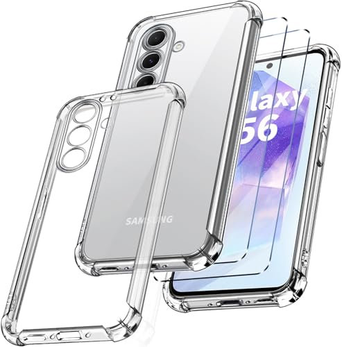 New&Teck Coque pour Samsung Galaxy A56 5G + 2 Verre Trempé Protection écran Transparente, Etui en Silicone TPU Souple, Bumper avec Coins Renforcés, Protection Claire. (Transparent)