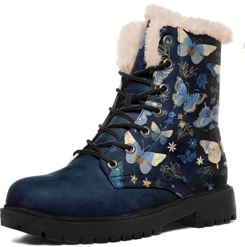 AWSOLE Butterfly Combat Boots Fashion Ankle Boots Fur Lined Lace up Boots Platform Leather Work Boots Winter Boots for Men & Women