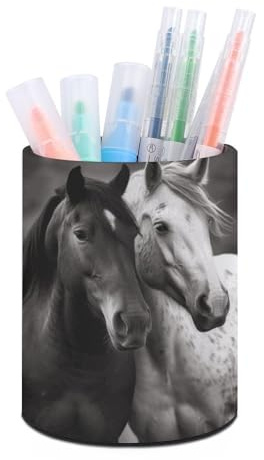 ZLFDSKGY Stiftehalter, rund, schwarz und weiß, Pferde, Make-up-Pinselhalter, Stiftehalter, Schreibtisch-Organizer, Schreibtisch-Organizer, modernes Schreibtischzubehör