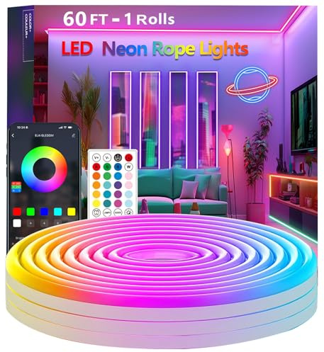 Bvokon 18M Neon Rope Lights,Flexible Led Rope Light Control with App/Remote,Multiple Modes,Music Sync,IP65 Outdoor RGB Led Strip Lights Waterproof