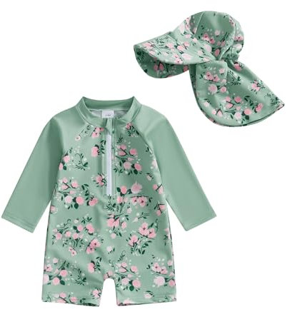 HodJIU Maillot de Bain Bébé Fille Anti-UV Combinaison Natation Piscine à Manches Longues + Chapeau de Bain Ensemble Swimwear Nouveau-né (Vert, 6-12 Months)