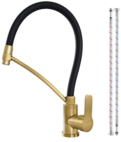 KOPYFANTAP Robinet Cuisine Evier Flexible en Laiton Antique, Mitigeur de Cuisine en Silicone Noir, Pivotant à 360° Robinet Mélangeur D'évier Bronze