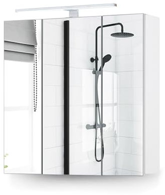 LEMROE Bathroom Mirror Cabinet with LED Lights, Triple Door Wall Mounted Storage Cupboard, Under Sink Led Medicine Cabinet with Adjustable Glass Shelves (3 Doors-White)