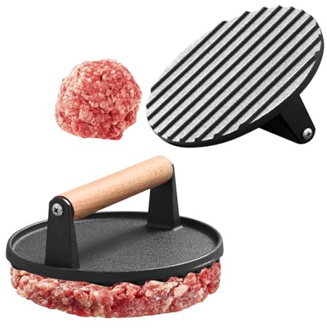 Upgrade Burger Press, Smashed Burger Press for Griddle, Heavy Duty Cast Iron Round 6.6In Bacon Grill Meat Press Tool with Wood Handle,Outdoor Cooking Accessories Grill Presses Irons