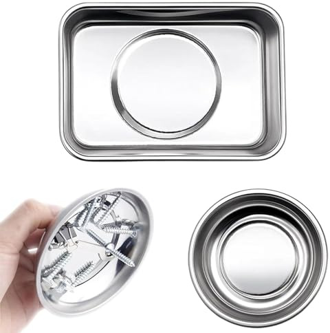 2 PCS Magnetic Tray, Magnetic Parts Tray Set for Mechanics and DIY, Stainless Steel Magnetic Screw Tray with Strong Hold, Round and Rectangle Tool Trays (10cm Dia, 9.2x6.5cm)