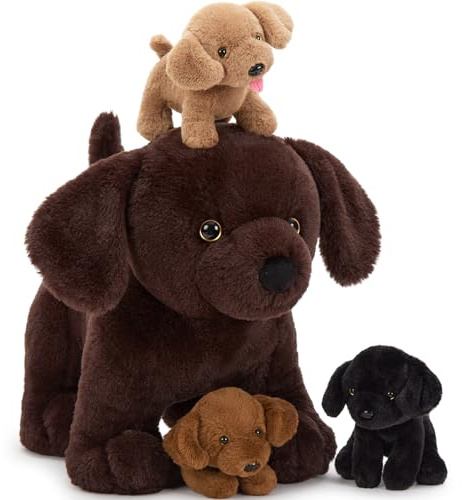 MorisMos 4 stücke Labrador Retriever Plüschtier Set, 40cm riesen Hund Kuscheltier XXL mit 3 Babys im Bauch, Weihnachten Geschenk für Kinder Baby