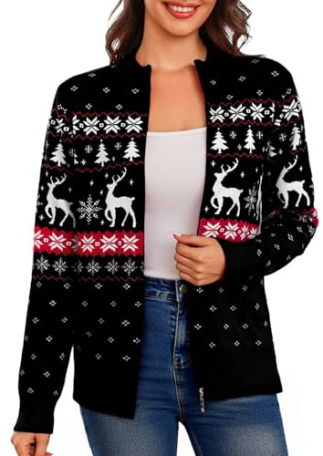 Aottori Cardigan de Noël Zippé Femmes à Manches Longues Veste en Maille Manteau Col Montant Sweat Shirt Côtelé Pull Casual B-Noir M