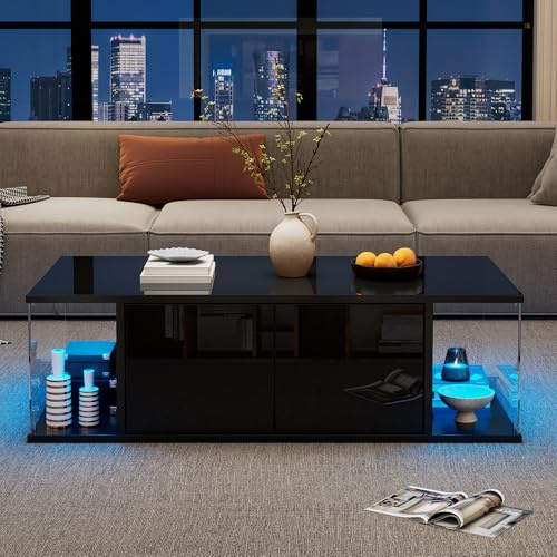 BTM 100x50x30cm Wohnzimmer-Couchtisch, Sofatisch mit LED, Hochglanz-Design + Hartglas, Kaffeetisch mit 2 Schränken, Beistelltisch im schlichten Design, Schwarz, Spanplatte