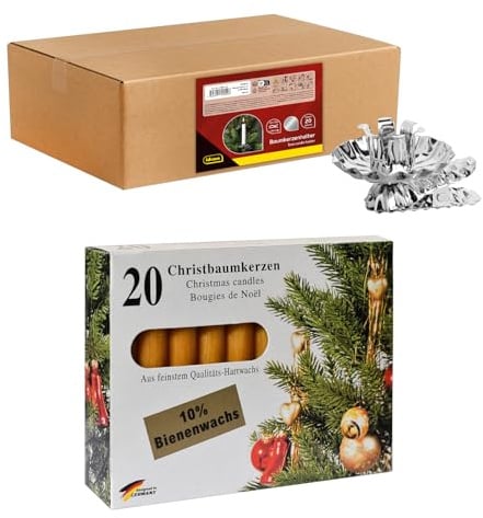 Idena 90487 - Baumkerzenhalter für den Weihnachtsbaum, 20 Stück in Silber inkl. 20 Baumkerzen in Gelb, Vintage Kerzenhalter aus Metall, mit Clip für Äste bis 1,5 cm Dicke