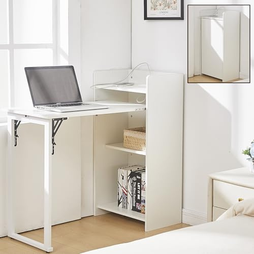 Zounghy Scrivania Pieghevole Salvaspazio, Scrivania a Scomparsa con 3 Libreria e Presa di Corrente Integrata Richiudibile Computer Tavolo a Ribalta da Parete Ufficio per Piccoli Spazi 94 x 85 x 24 cm