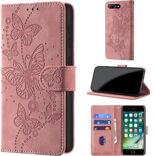 for iPhone 7 Plus / 8 Plus Wallet Case Flip, Pink | RFID Blocking, 3 Card Holder Stand, Shockproof TPU Shell, PU Leather Magnetic Closure