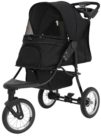 Faltbarer 3 Rad Buggy für Haustiere | Schwarz | Reise Jogger kleine bis mittelgroße Hunde Katzen bis 22kg | 3 schlauchlose Räder Netzbelüftung Korb Getränkehalter Caddy-Tasche Regenschutz