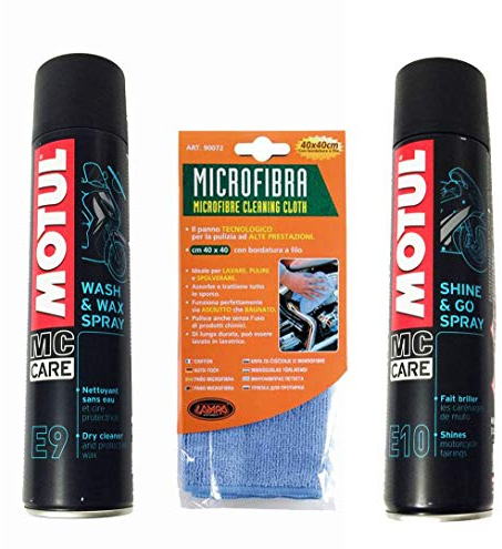 Kit limpieza Moto Scooter Motul E9 Wash & Wax + E10 Shine & Go + 1 gamuza microfibra
