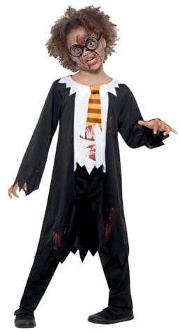 Smiffys Zombie Student Costume, Black & White with Robe, Attached Shirt & Tie, Halloween Child Fancy Dress, Zombie Dress Up Costumes