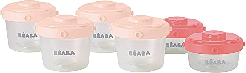 BÉABA, Lot de 6 Portions Conservation, Clip, Pots empilables et clipsables, 100% hermétique, Graduation, Congélation, 1er Âge, 2x60 ml et 4x120 ml, Rose