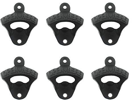 Luwanburg 6 PCS Black Cast Iron Bottle Opener Wall Mounted Beer Cap Opener Open Here for Wood Post