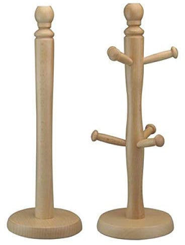 Heavy Duty Wooden Beechwood Kitchen Mug Tree 6 Cup Stand Holder & Kitchen Towel Holder Tissue Roll Holder Dispenser 35x12cm (Beach Mug Tree + Roll Holder)