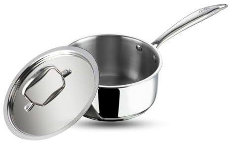Vinod Platinum Triply Stainless Steel Saucepan with Lid, 2.2 Litre, 18 cm | Induction & Gas Stove Compatible | Ideal for Boiling, Soups, Tea | Even Heat Distribution | Riveted Handle | Silver