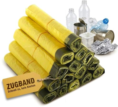KK Verpackungen Sac jaune | 3 rouleaux de 13 sacs jaunes chacun | 39 sacs de recyclage selon le Dual System Germany avec cordon de serrage | Sac poubelle d'un volume de 90 L et fabriqué en film LDPE