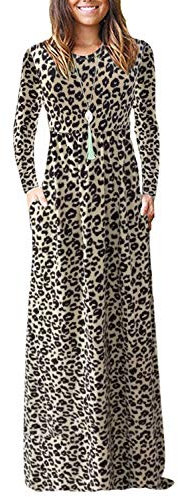 AUSELILY Women's Casual Long Sleeve Maxi Dress Loose Long Dresses with Pockets Leopard XL