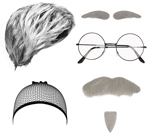LOOPES 6tlg Opa Perücke Alter Mann Kostüm Set Großvater Accessoire mit Opa Perücke Grau Perückekappe Augenbrauen Schnurrbart Runde Brille Rentner Kostüm für Grandpa Fasching Karneval Halloween