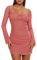 XLLAIS Women Long Puff Sleeve Mini Bodycon Mesh Dress Split Hem Clubwear (Pink1, Large)