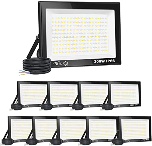 【10 Stück】300 W LED-Strahler für den Außenbereich, 30.000 lm, IP66, wasserdicht, für den Außenbereich, super hell, Außenbeleuchtung, Warmweiß (3000 K), Sicherheits-LED-Spot für Stadien, Fabriken,