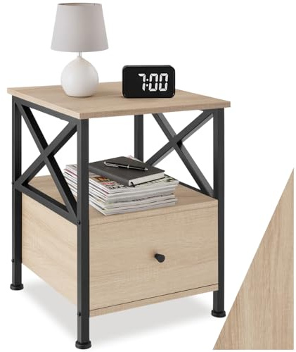 tectake® Comodino Camera da Letto 40x41,5x55,5cm, 2 Ripiani e 1 Cassetto | Tavolino da Letto, Tavolino da Divano, Comodino Libri, Fiori, Piante, Lampada, Arredamento Casa - Legno Industriale Chiaro