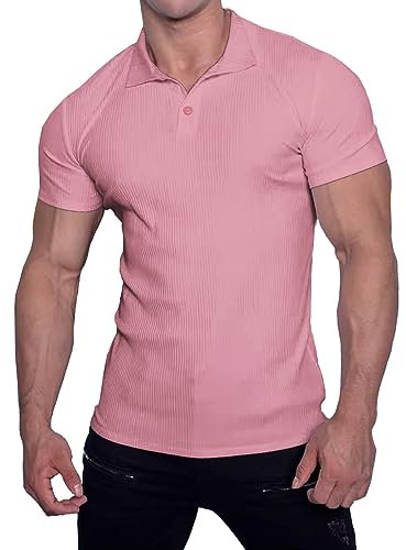 Muscle Cmdr Hommes Coupe Ajustée Muscle Polos Manches Courtes Stretch Séchage Rapide t-Shirt décontracté Golf athlétique T-Shirts (Rose XS)