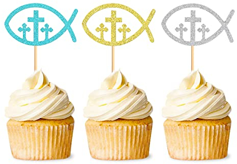 Blumomon 24 Pack Erste Heilige Kommunion Cupcake Toppers Glitter Kreuz Frieden Taube Cupcake Picks Er ist auferstanden Kuchen Dekorationen für Religion Thema Kinder Geburtstag Party Supplies