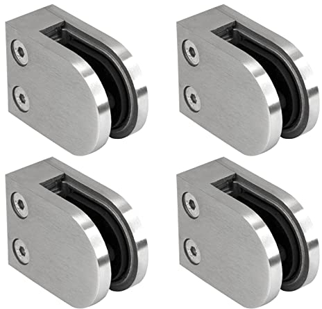 PRIOstahl Glashalter 4 Stück Glasklemmen Klemmhalter Glasplattenhalter 63 x 45 x 26-28 mm mit Sicherungsstift Anschluss: Flach für Glas 10 mm Geländer Balkon aus Edelstahl V2A