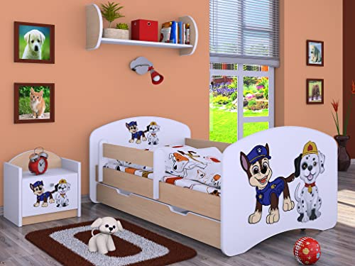 BDW Kinderbett Super Hunde - Babybett mit Matratze und Schublade - Bequem und Langlebig Rausfallschutz Bett - Kinderzimmer - Leichte Birne (Motiv 1) - 140x70