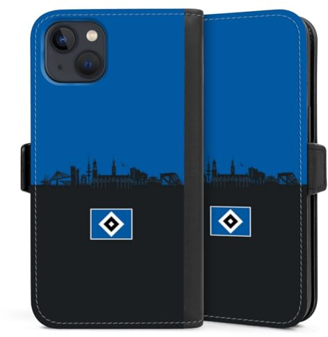 Klapphülle kompatibel mit Apple iPhone 13 Handyhülle aus Kunst Leder schwarz Flip Case HSV Hamburg Skyline