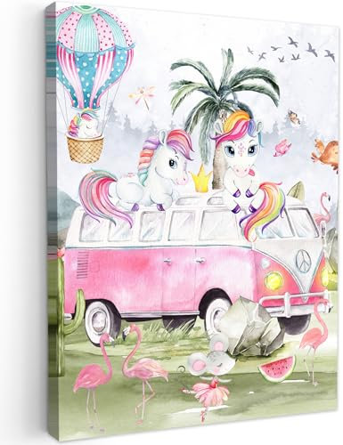 MuchoWow© Leinwand Bilder 30x40 cm Wanddeko Wohnzimmer Aesthetic Room Decor Deko Zimmer Wandbilder Modern Bild auf Leinwand Jugendzimmer - Einhorn - Regenbogen - Kinder - Mädchen - Auto