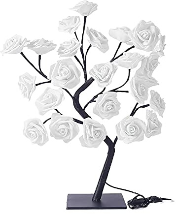 belupai Beleuchteter Rosenbaum, 23,6 Zoll, 24 LEDs, Künstliche Tisch-Rosen-Bonsai-Baum-Lichter, Batteriebetriebene Künstliche Blumenbaum-Lampendekoration für Hochzeitsfeier,(Weiß)