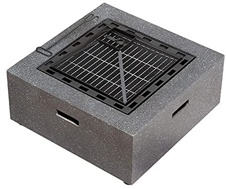 Kleine Feuerstelle, quadratische Feuerstelle mit BBQ-Grillregal, Außenkamin und Einfassung aus Kunststein für Gartendekoration, Lagerfeuer, Grillen, Camping