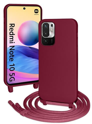 FERLAN Coque avec Cordon pour Xiaomi Redmi Note 10 5G,Ultra Mince Antichoc Silicone Liquide Souple Étui avec Cordon Souple Doux Portable Lanyard Couverture Protection,Cramoisi