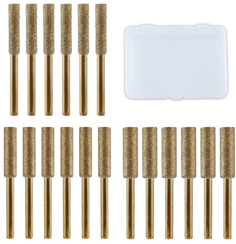 LEONTOOL 18 Pcs High Hardness Diamond Chainsaw Sharpener Bits 1/8 Shank Titanium Plated Burr Stone File 4/4.8/5 mm Burr Grinding Stone File for Chain Saw Wood Jewelry Stone (5/32,3/16,7/32,Golden)