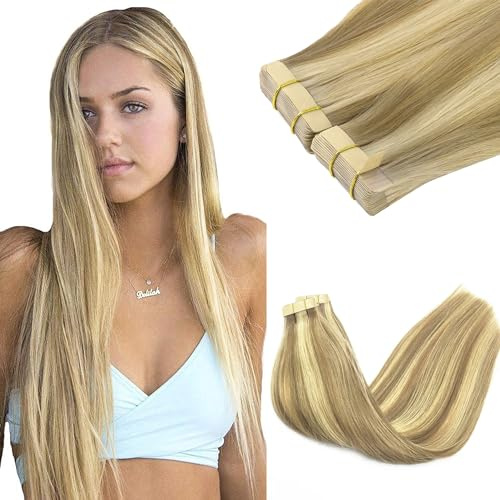 GOO GOO Tape in Hair Extensions Human Hair, 24inch 100g 40pcs, #16/22 | Light Blonde Highlighted Golden Blonde, Remy Hair, Full & Thick Volume, Long-lasting, Seamless Blend, for Fine Hair