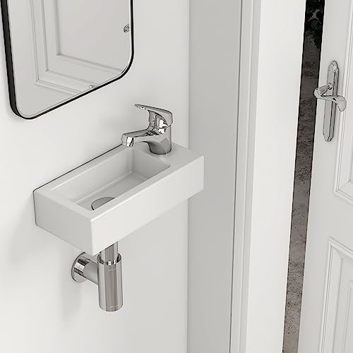 EMKE Lavabo salle de bain suspendu, 365 x 180 x 90 mm,rectangulaire,Vasque Suspendue Salle de Bain en céramique, Blanc Brillant,Lavabo Suspendu,Convient aux petites salles de bains