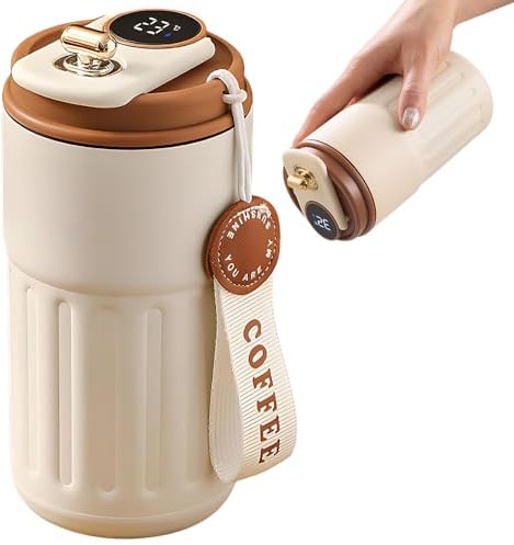 Lotvic Coffee Flask with Temperature Display, 450mL Stainless Steel Coffee Mug for Hot Drinks, Vacuum Insulated Coffee Mug Travel Mugs, Thermal Flask for Home Travel (Brown)