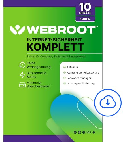 WEBROOT Internet Security Complete 2025 | + Passwort-Manager, Smartphone/Tablet, Leistungsoptimierer & Cloud-Backup | 10 Geräte | 1 Jahr | Mac/Windows/iOS/Android/Chrome | Aktivierungscode per E-Mail