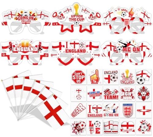 HOWAF England World Cup Football Decorations 2026, 12 World Cup Football Glasses Paper 2026, 12 Hand Held England Flag St Georges Flag, 20 Tattoos for Photo Booth Props Party Decorations