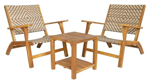 Panana 3 Pieces Garden Furniture Set Solid Acacia Wood Side Table and PE Rattan Wicker Wooden Chairs Bistro Set for Outdoor, Patio, Porch, Poolside, Balcony
