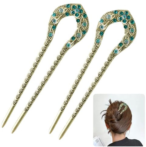 2 Pezzi Forcine a Forma di U Metallo, Fermaglio per Capelli Elegante, Stile Francese, Retrò Forcella per Chignon e Updo, Acconciatura Accessori per Capelli per Donne e Ragazze (Blu)