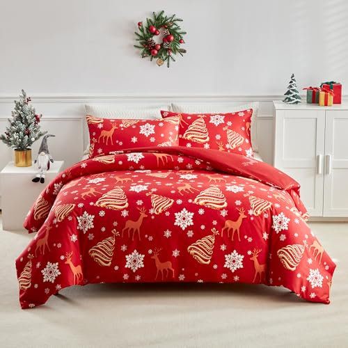 Lanqinglv Weihnachten Bettwäsche 135x200 Mädchen Kinder Rot Schneeflocken Hirschmuster Babybettwäsche Kinderbettwäsche Bettbezug und 1 Kissenbezug 80x80cm mit Reißverschluss