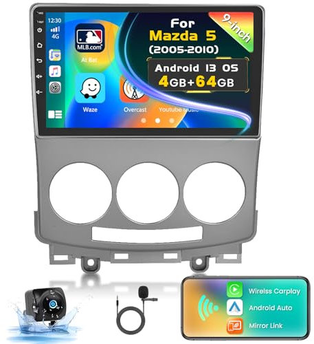 Inefala 4G+64G Android 15 Radio de Coche para Mazda 5 2005-2010，Pantalla táctil de 9 Pulgadas Autoradio Bluetooth con Wireless Carplay Android Auto GPS WiFi RDS/FM EQ SWC Mic Cámara Trasera