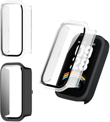 Haofun 2 Pezzi Cover per Xiaomi Smart Band 9 Active/Redmi Band 3, con 9H HD Ultra Vetro Temperato Pellicola Protettiva, PC Protettiva Custodia, Protezione Completa - Trasparente + Nero